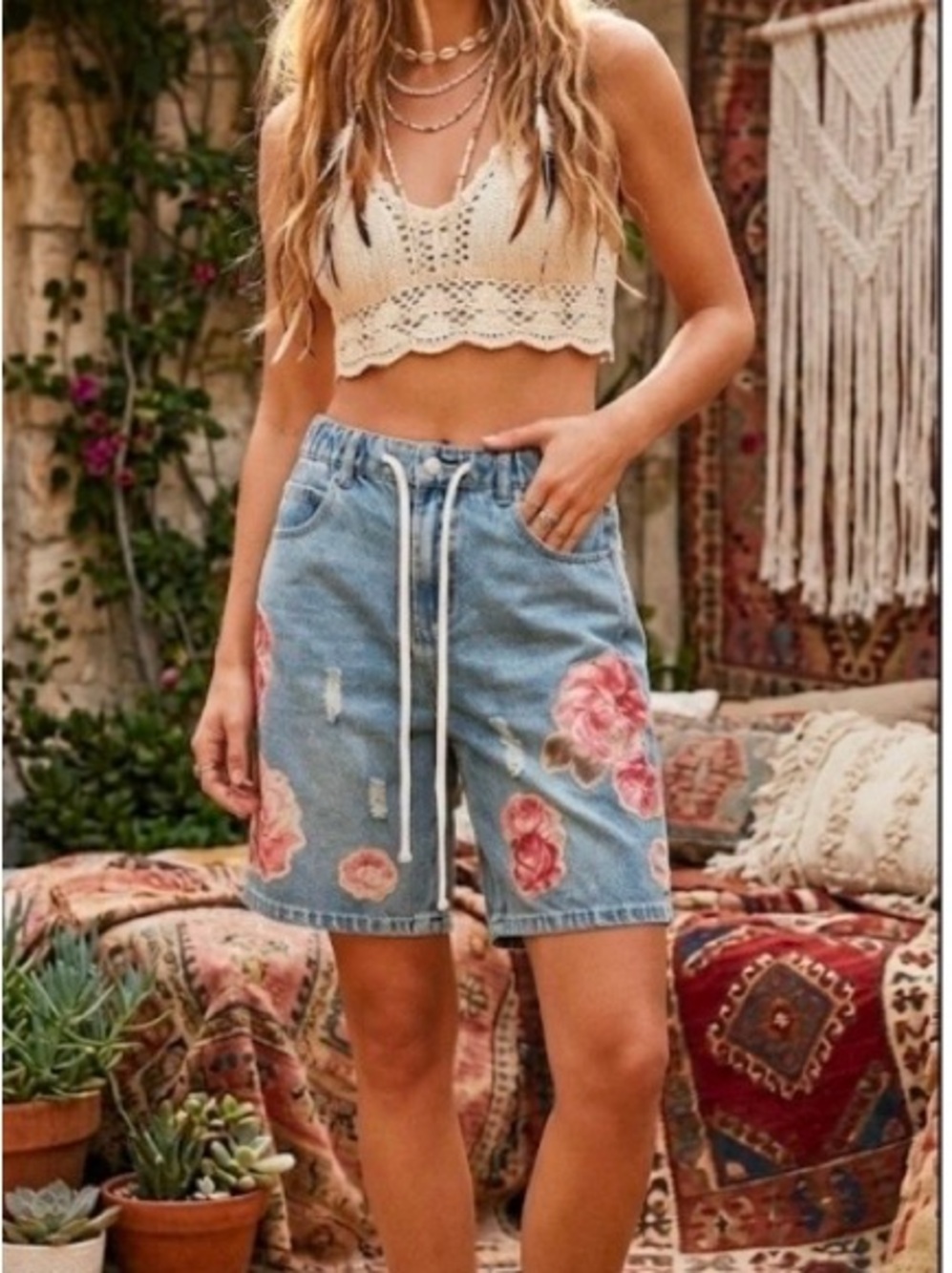 Embroidered Floral Denim Drawstring Shorts - Blue